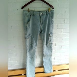 Men's Solid Color Multi-pocket Skinny Jeans L 34 light blue